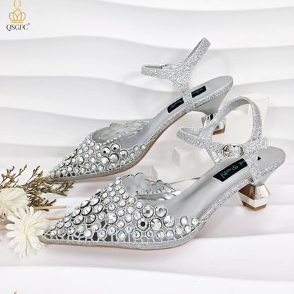 Party Style African Women's Shoes Bags Rhinestone Embellished Pointed Toe Cutout Heels Square Clutch Bag