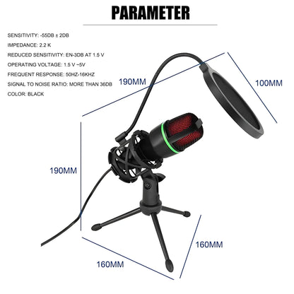 RGB Condenser Microphone Kit with Tripod Stand Professional USB Mic for Gaming Streaming YouTube Podcasts Video Recording Studio Equipment for PC Laptop Mute Button Voice Changer Adjustable RGB Lighting Plug and Play Cardioid
