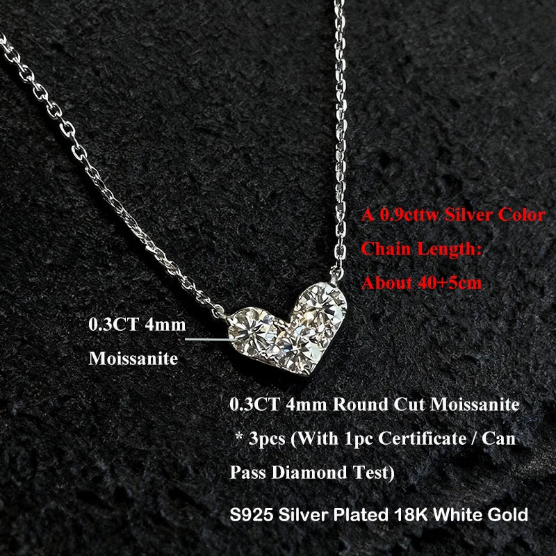 EWYA 3-Stone Round Cut Full Moissanite Pendant Necklace Heart Shape for Woman 925 Silver Certified Lab Diamond Lucky Neck Chain