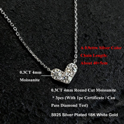 EWYA 3-Stone Round Cut Full Moissanite Pendant Necklace Heart Shape for Woman 925 Silver Certified Lab Diamond Lucky Neck Chain