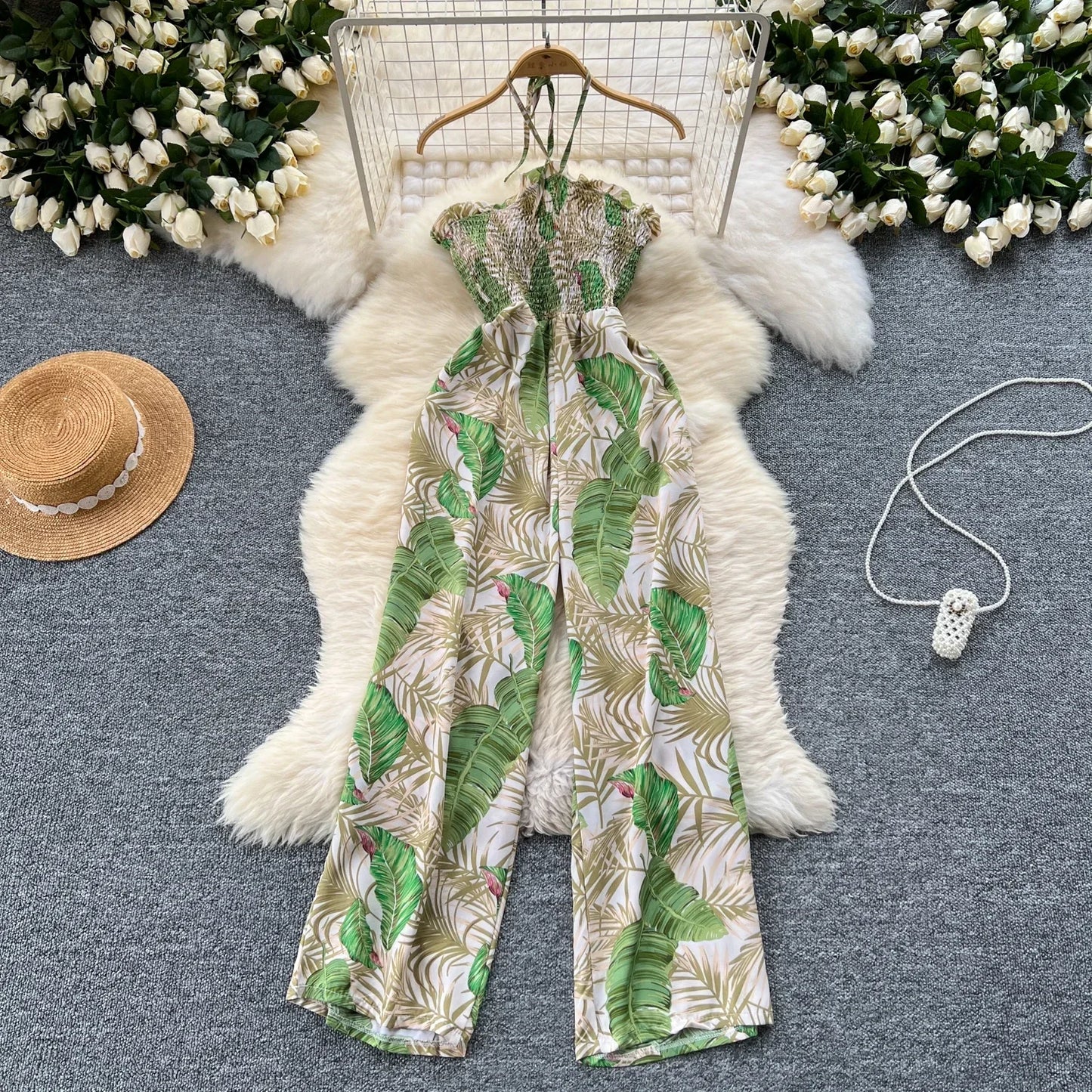 2024 New Summer Sexy Bohemian Leaf Print Jumpsuits Women Sleeveless Sexy Long Jumpsuit Mujer Casual Holiday Beach Rompers