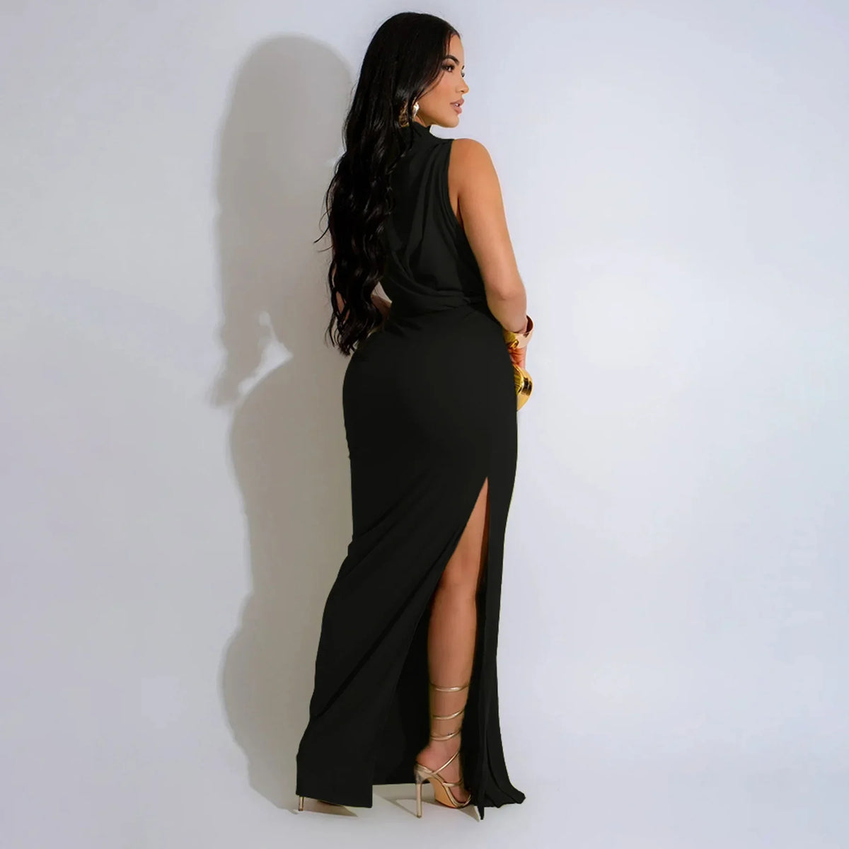 CM.YAYA Women O-neck High Split Ruched Stacked Bodycon Midi Maxi Dress 2024 Evening Party Club Vestidos Sexy Chic Long Dresses