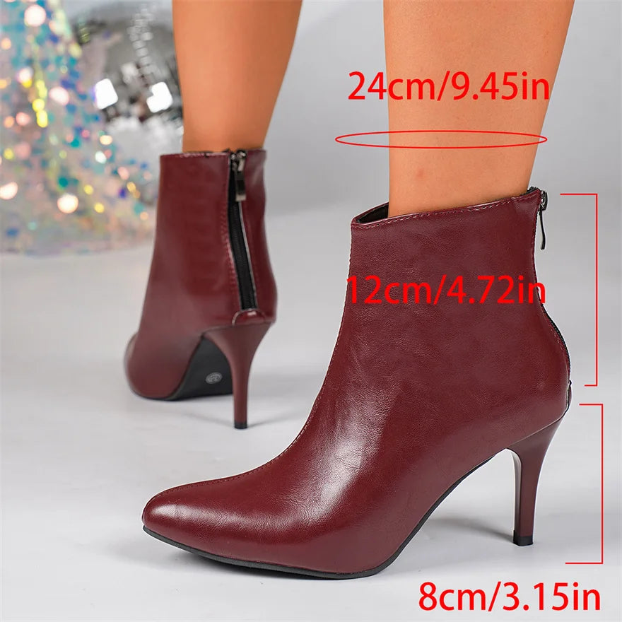 New Winter Soft PU Leather Women Ankle Boots Pointy Toe Side Zipper High Heels Stiletto Shoes Black Sexy Ladies Work Boots Party