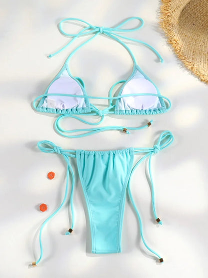 Blue Bikini 2026 Women'S Bandage Bikini Set String Swimsuit New Summer Bathing Suit Sexy Biquini Micro Thongs Beach Wear