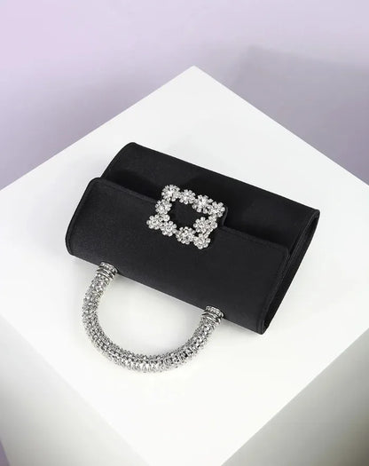 Rhinestone Faux Silk Emerald Evening Bag Silver Diamond Buckle Handle Fashion Handbags Elegant Ladies Square Bolsa Feminina