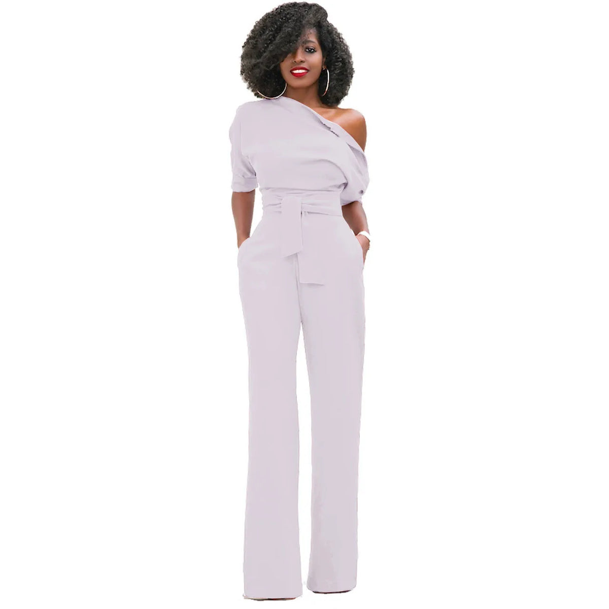 High Quality 2025 Spring Women's Casual Jumpsuits One Shoulder Slash Neck Button Romper Full Length Jumpsuit Wide Legs Jumpsuit