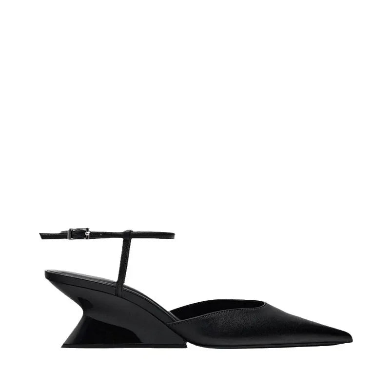 Luxury Brand Women's Pointed Toe Wedge Sandals Summer New Shallow One-word Buckle Designer Shoes Fashion Slingback Mules Shoes