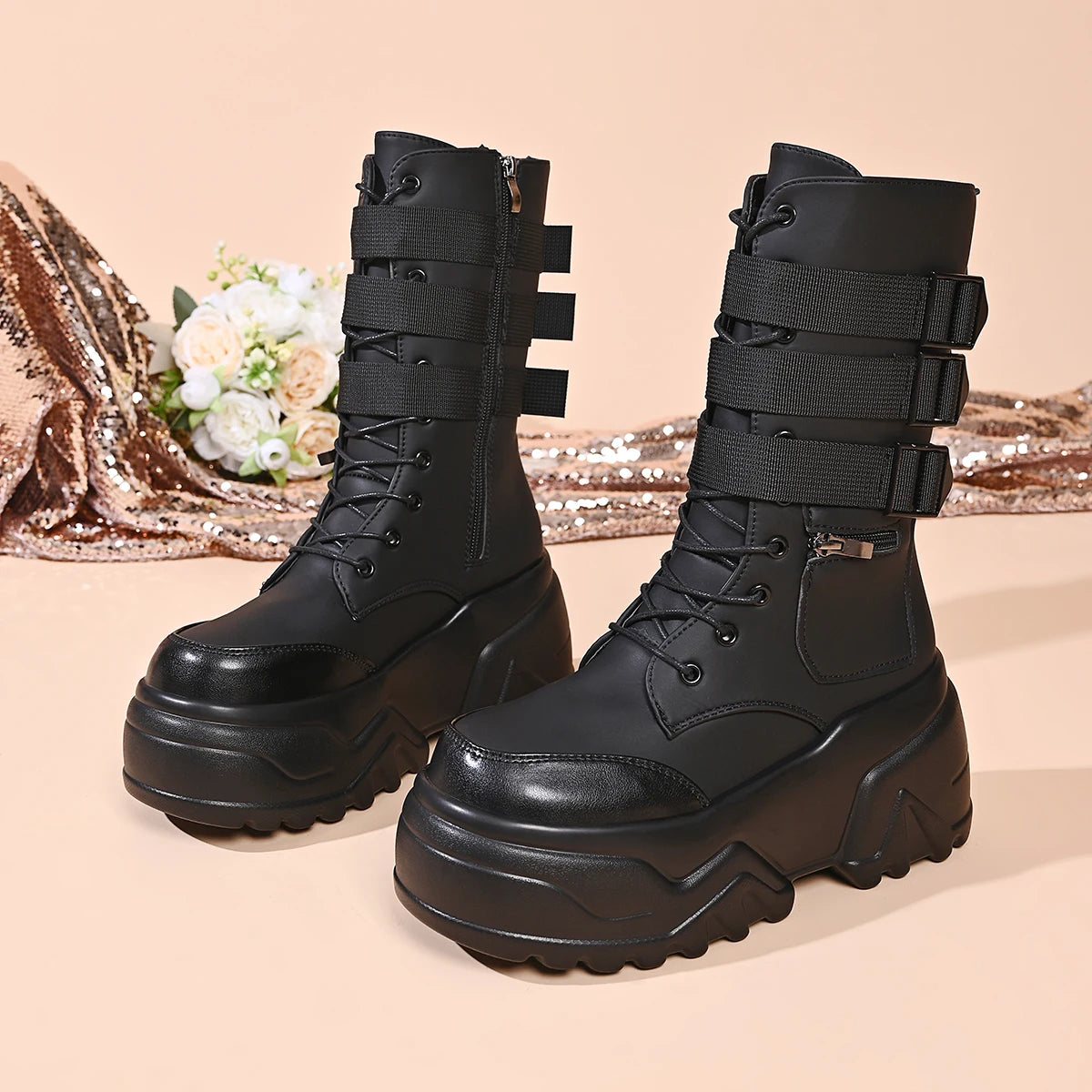 Punk Style Thick Bottom Women's Black Short Boots Side Zip Buckle Straps Platform Shoes for Women Zapatos De Mujer Size 35-42