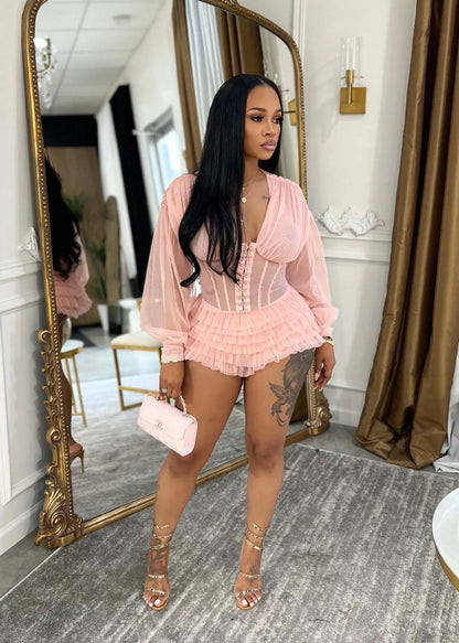 Boho Summer Mesh Casual Playsuit Sexy Women V-neck Elegant Night Club Ruffles Romper Overalls