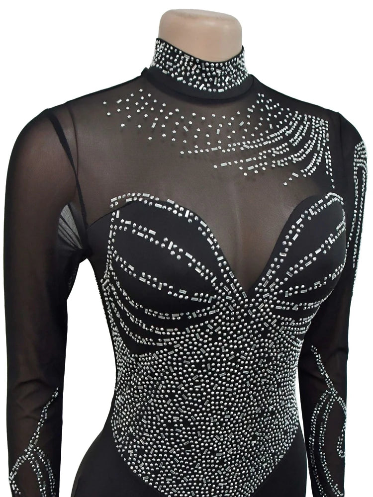 Beyprern Women's Sheer Mesh Crystal Jumpsuits One Piece Outfits Glam Fitted Long Sleeve Pearls Rhinestone Rompers Club Overalls