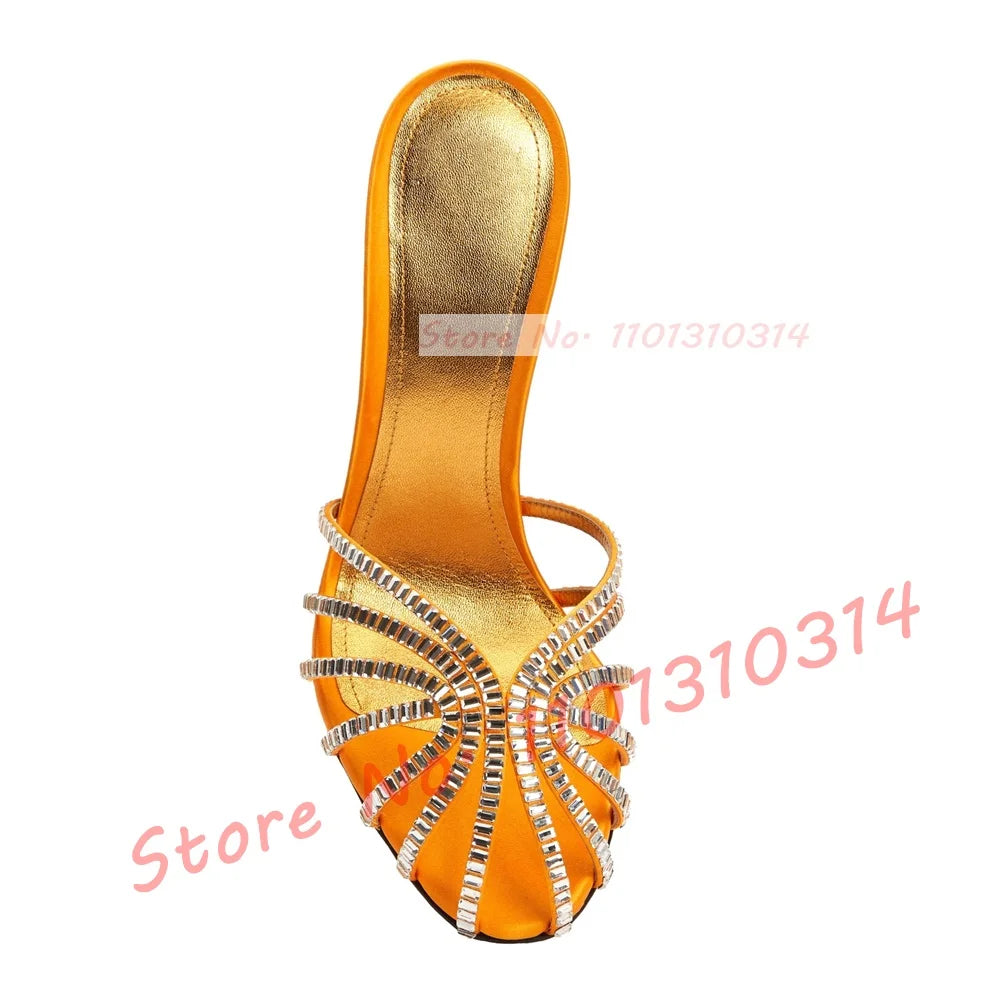 Gemstone High Heel Silk Slippers Women Luxury Caged Stiletto Heels Metallic Slippers Ladies Stylish Cross Strap Summer Shoes