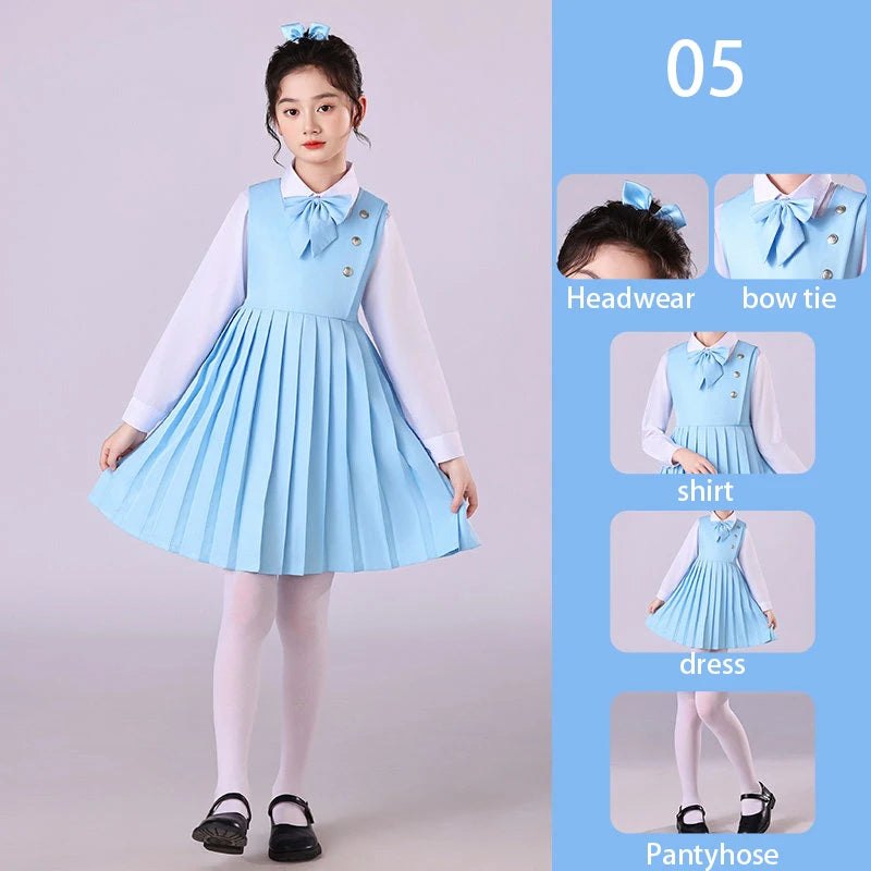 Girls Preppy Style Pleated Jumper Dress Headdress + Bow Tie Pants Suit Children Choir Poetry Performance Fashion School Uniform