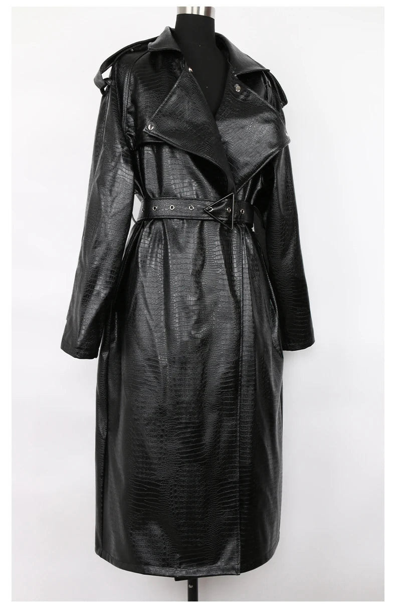 Nerazzurri Spring Autumn Long Oversized Colorful Snakeskin Print Patent Leather Trench Coat for Women Belt Runway Fashion 2022