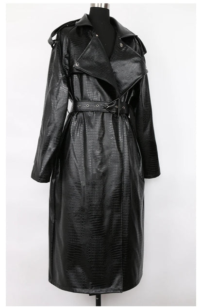 Nerazzurri Spring Autumn Long Oversized Colorful Snakeskin Print Patent Leather Trench Coat for Women Belt Runway Fashion 2022