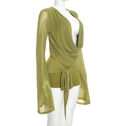 Chiffon Long Sleeve Sexy Slender Ladies Ruffle Neck Deep Back Bodysuit Three-Part Shorts