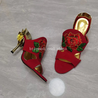 Luxury Flower Sandals Woman Open Toe Gold Strange High Heel Shoes Lady Sexy Mules Slippers