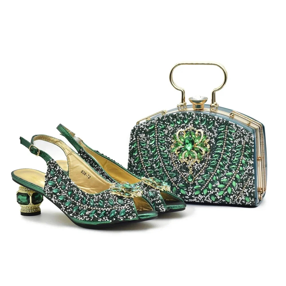 Popularity Peep Toe Heels for Women 2025 Elegant Party Full Diamond Pumps Italian Shoes and Bags Matching Set Bridal Shoes