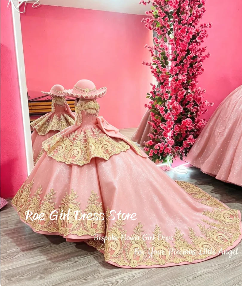 Red Flower Girl Dress Velvet Gold Lace Embroidery Floor Length Gown Wedding Pageant Cultural Formal Gowns Customized
