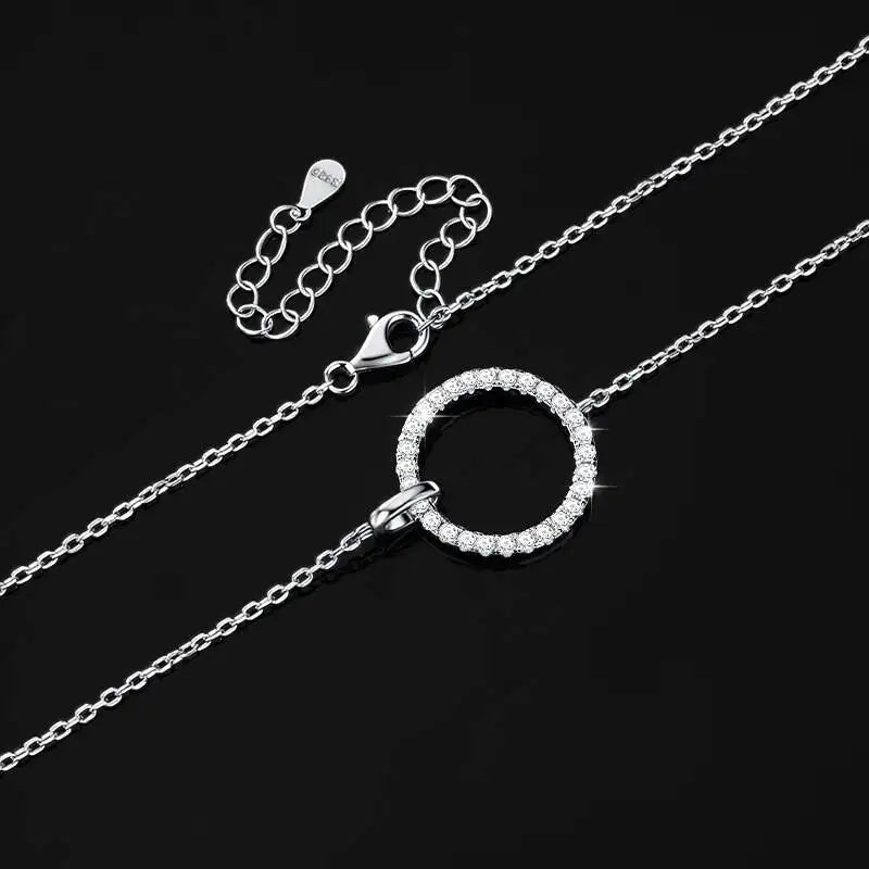 SG S925 Pure Silver Round Double Buckle High-end Light Luxury Simple 2 Carat Moissanite Necklace Full Diamond Collarbone Chain