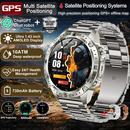 2026New Military Tank GPS SmartWatch Offline Map 10ATM Swim 2GB RAM Music Altitude Compass Bt Call Fitness Sports Smartwatch Men