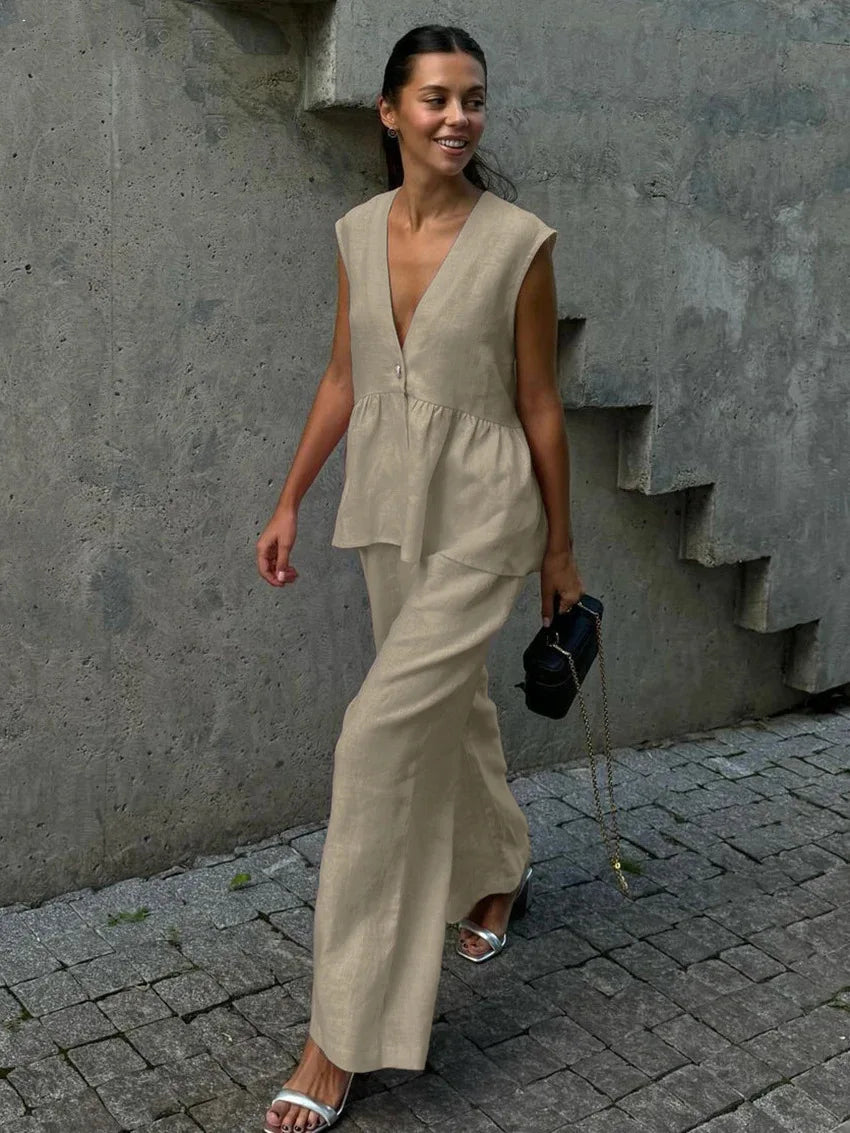 2 Pieces Women Sets 2026 Cotton V-Neck Sleeveless Top Vest + Long Pants New Solid Color Two-Piece Sets Women's Clothing