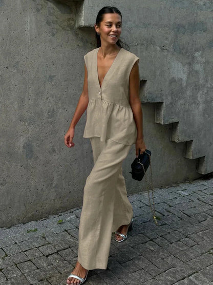 2 Pieces Women Sets 2026 Cotton V-Neck Sleeveless Top Vest + Long Pants New Solid Color Two-Piece Sets Women's Clothing