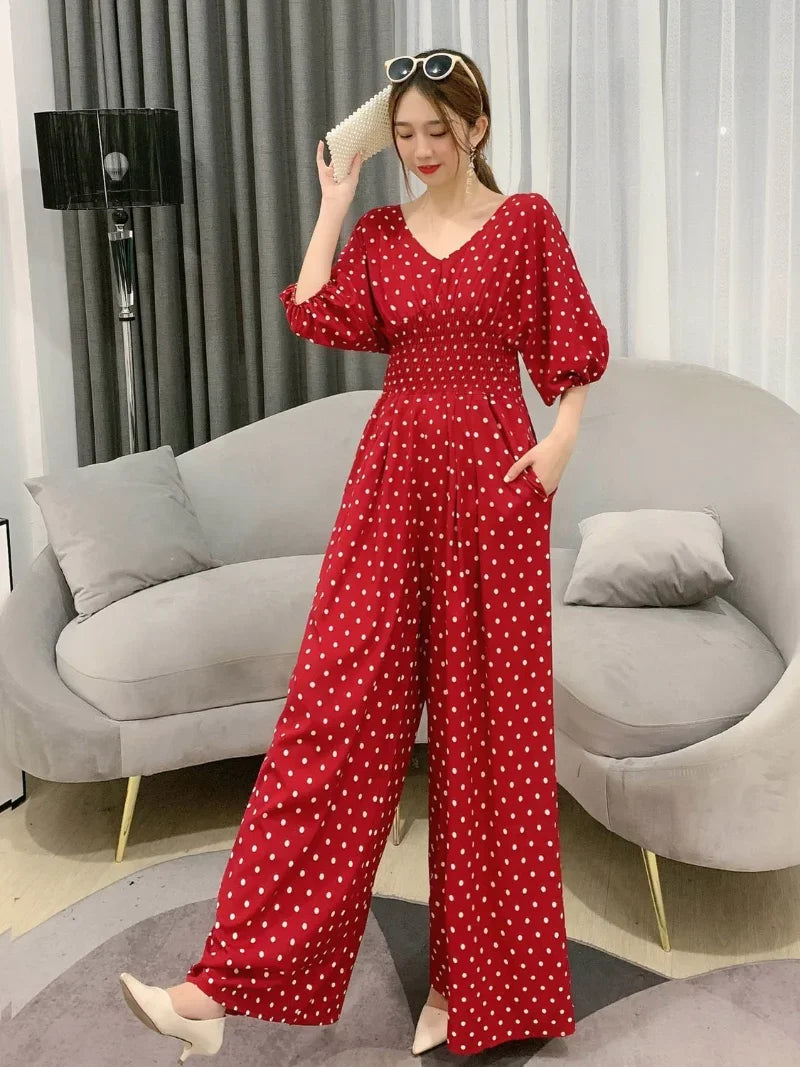 Jumpsuit Women Summer New Temperament Polka Dot V-neck High Waist Casual Wide Leg Jumpsuit Elegant Party One Piece Jumpsuits