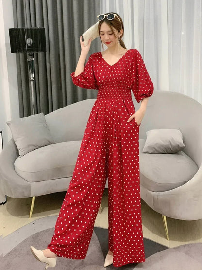 Jumpsuit Women Summer New Temperament Polka Dot V-neck High Waist Casual Wide Leg Jumpsuit Elegant Party One Piece Jumpsuits