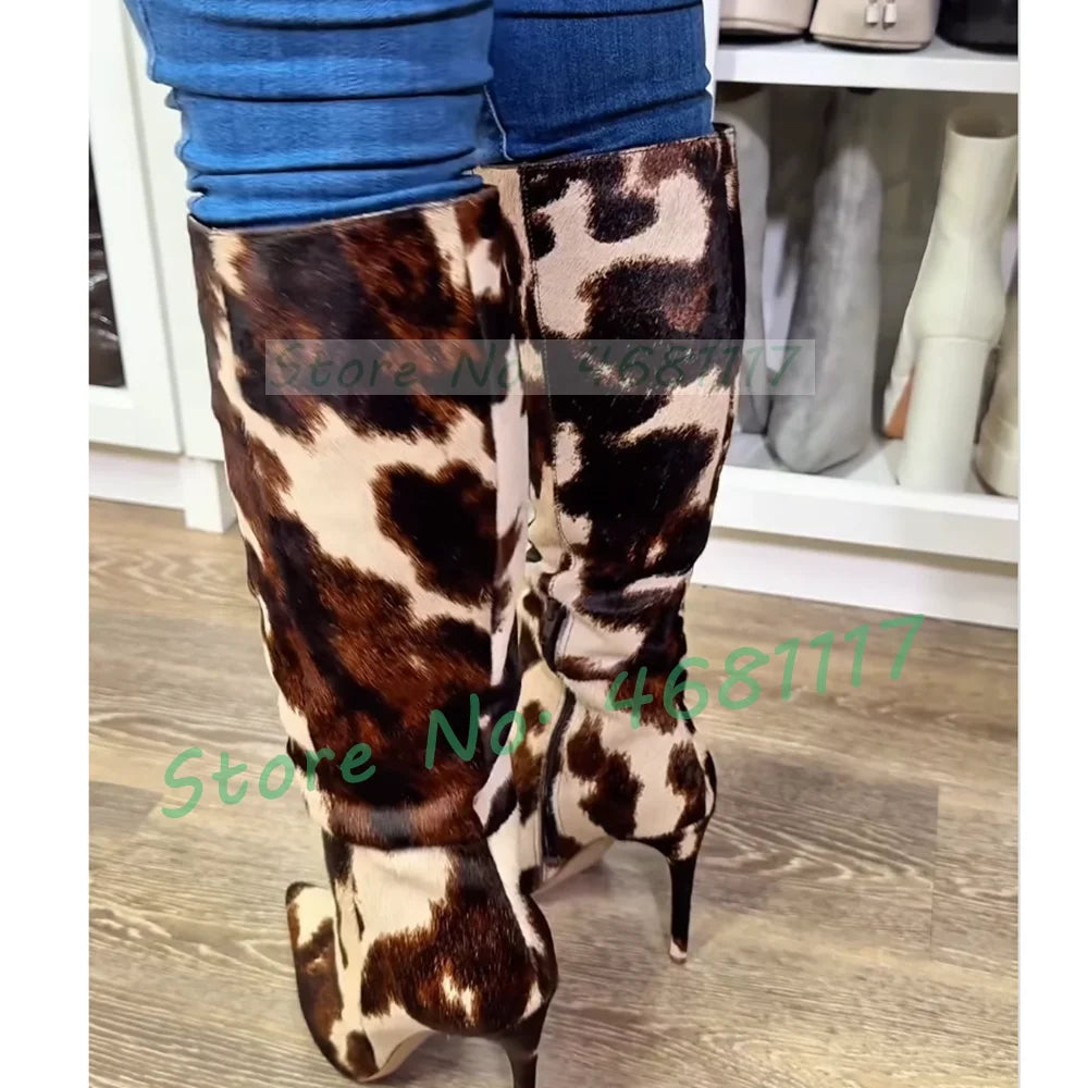 Dark Brown Cow Print Knee High Boots Women Pointy Toe Artificial Horsehair Leather Splicing Boots Mixed Color Side Zipper Shoes