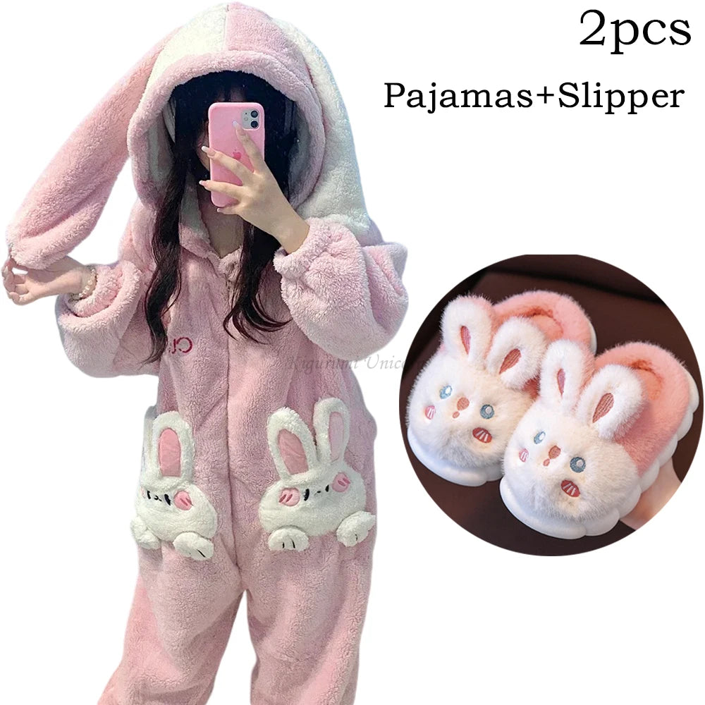 Coral Velvet Onesies Women Cute Rabbit Kigurumi Unicorn Preppy Cartoon Hooded Kawaii Thicker Winter Warm Cotton Pajamas Homewear