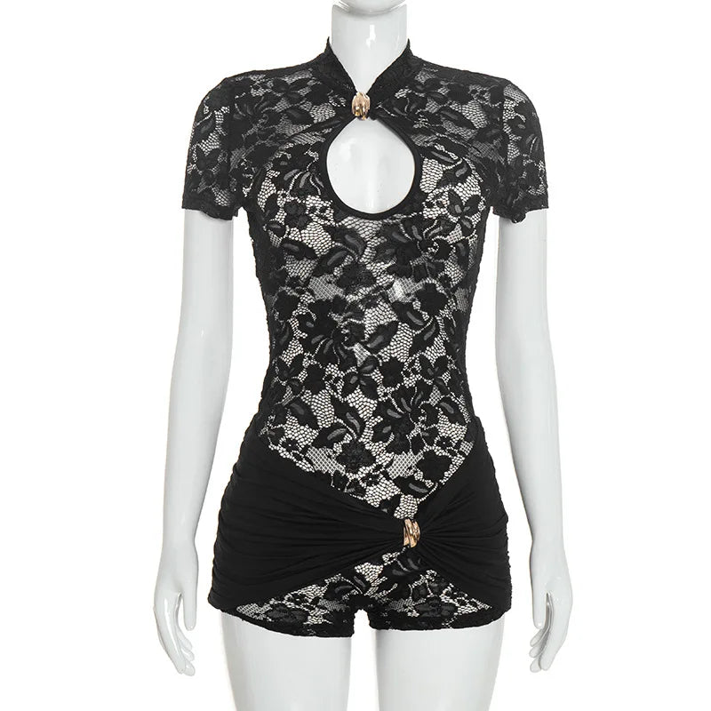 FLARORA Sexy Lace See Through Rompers Woman Hollow Metal Buckle V Neck Short Sleeve Ruched Patchwork Skinny Peach Hip Playsuits