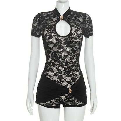 FLARORA Sexy Lace See Through Rompers Woman Hollow Metal Buckle V Neck Short Sleeve Ruched Patchwork Skinny Peach Hip Playsuits