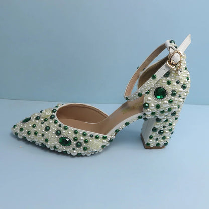 BaoYaFang Green Pointed Toe Pearl Bridal Wedding Shoes and Bag Thin Heel Slingbacks Female Ladies Party Shoe Shallow Women Shoes