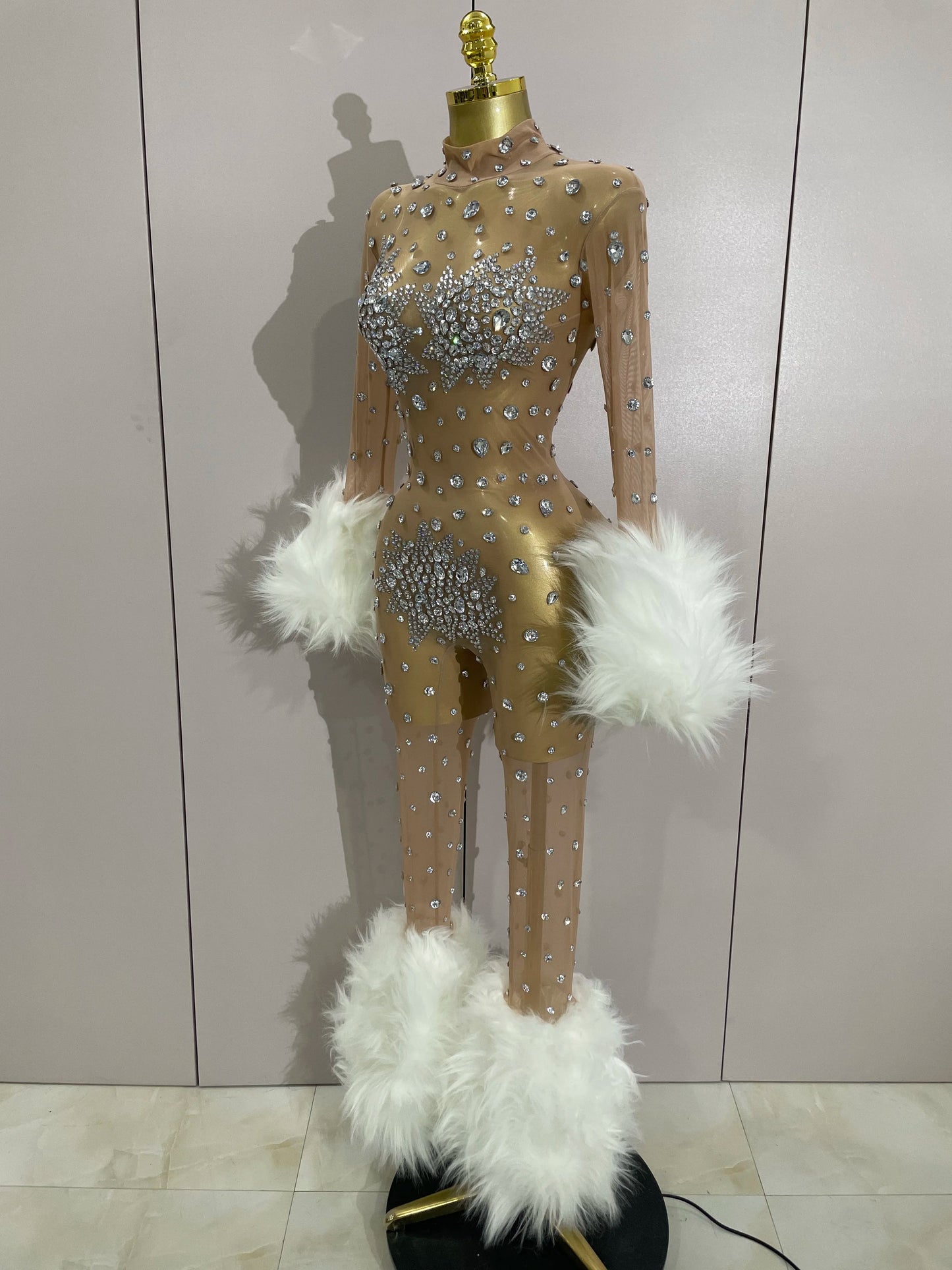 STOCK Luxury Diamond Black Mesh Transparent Stretchy Long Sleeve Jumpsuit Women Sexy Performance Singer Costume Nightclub Outfit