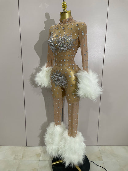 STOCK Luxury Diamond Black Mesh Transparent Stretchy Long Sleeve Jumpsuit Women Sexy Performance Singer Costume Nightclub Outfit