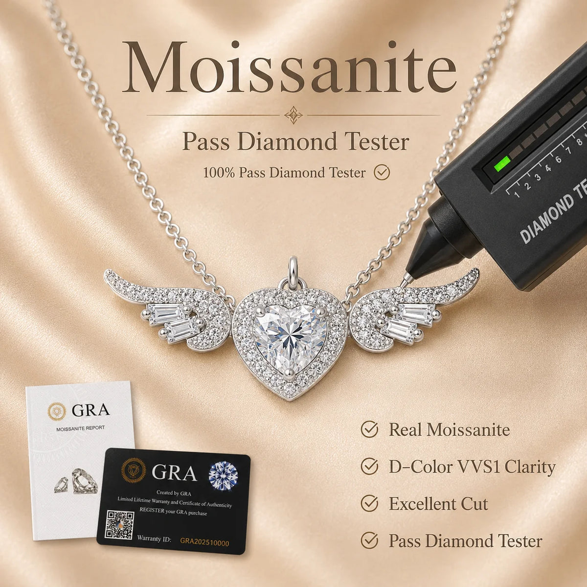 Angel Wings Heart Moissanite Pendant Necklace Baguette Cut S925 Sterling Silver D Color VVS1 GRA Certified Gift for Women
