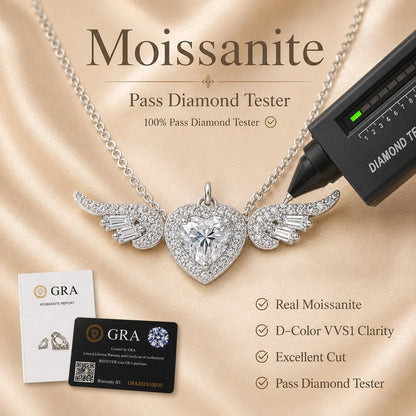 Angel Wings Heart Moissanite Pendant Necklace Baguette Cut S925 Sterling Silver D Color VVS1 GRA Certified Gift for Women