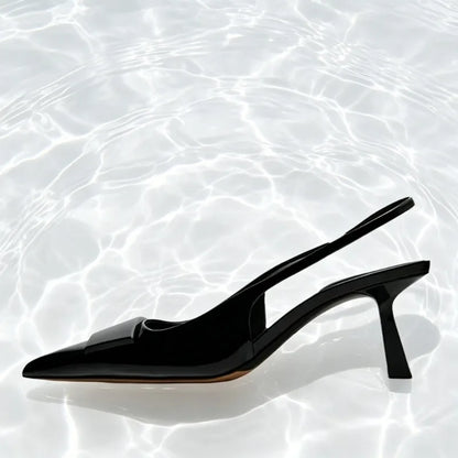 Luxury Designer Slingback Mules Heels Women Sexy Pointed Toe Patent Leather Thin Heeled Sandals Comfortable Elegant Office Shoes