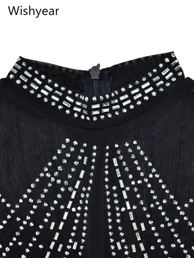 Women One Piece Party Jumpsuit High Neck Sheer Mesh Rhinestone Beading Cap Sleeve Bodycon Long Romper for Cocktail Club Night