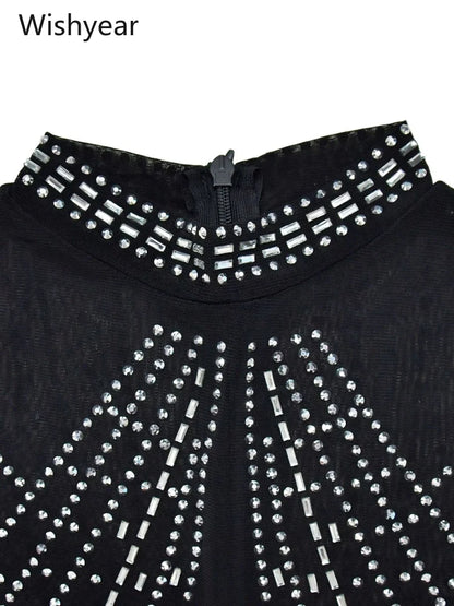 Women One Piece Party Jumpsuit High Neck Sheer Mesh Rhinestone Beading Cap Sleeve Bodycon Long Romper for Cocktail Club Night