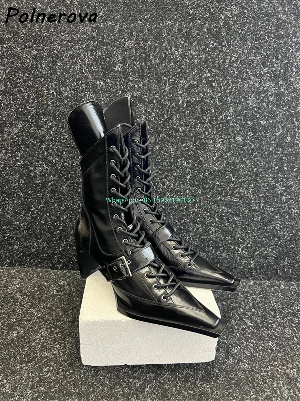 Buckle Belt Cross Tied Boots Solid Square Toe Strange Style Heels Zipper Black Ankle Boots Women's Genuine Leather Modern Boots