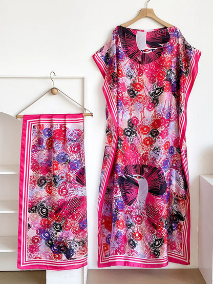 Elegant Printed Silk African Shawl Summer Fashion Long Hijab Kaftan Dress Oversize Muslim Lady Kuwait Abaya Scarf for Women