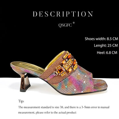 New Arrival Mature Style Colorful Rhinestone Metal Design Strange High Heel Style Peep Toe Shoes and Bag Set for Party Wedding