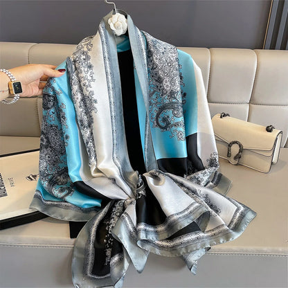 180*90cm Large Silk Satin Scarf Women Fashion Printed Scarf Spring And Summer Styles New Shawl Wrap Female Hand 2025 NEW