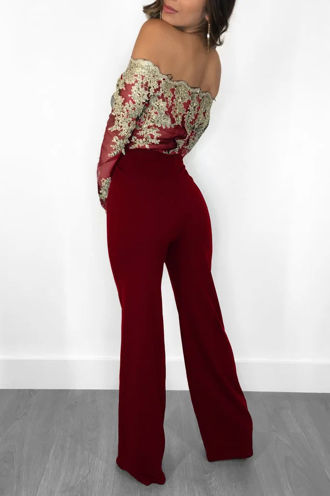 Womens Elegant Off Shoulder Long Pants Wide Leg Jumpsuits Floral Embroidery Lace See Through Cocktail Club Party Evening Rompers