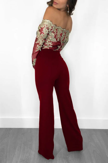 Womens Elegant Off Shoulder Long Pants Wide Leg Jumpsuits Floral Embroidery Lace See Through Cocktail Club Party Evening Rompers