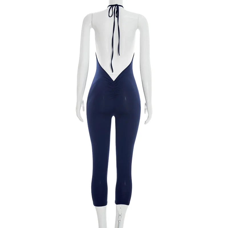 FAGADOER Sexy Solid Color Bodycon Jumpsuits Women Halter Sleeveless Backless Elasticity Romper Female Streetwear Overalls 2026