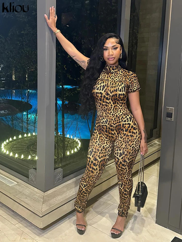 kliou Sexy Printed Women Jumpsuits Fashion New Back Hollow Full Sleeve Stand Collar Slim Overalls Female Midnight Party Clubwear