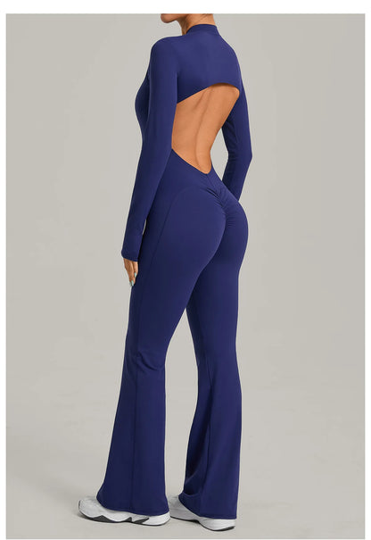 Women Long Sleeve Zip Yoga Bodysuit Cutout Back Scrunch Butt Lift Tummy Control Sweat Wicking Fabric Gym Workout Flare Jumpsuit