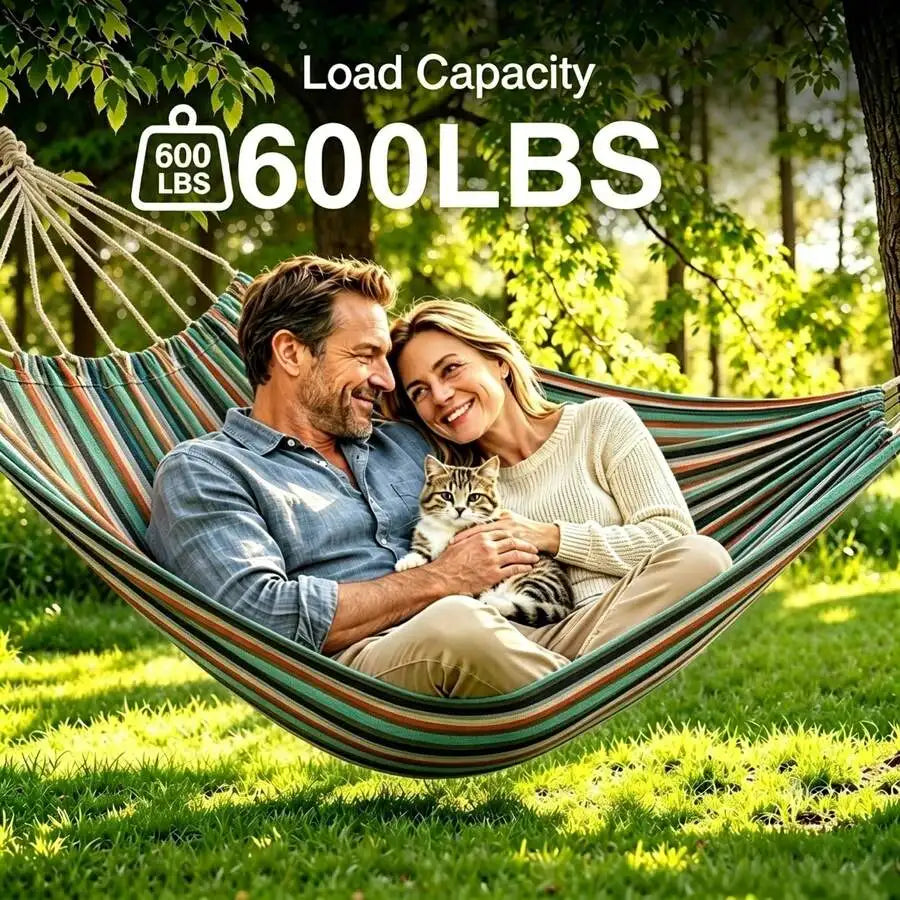 Camping 2-Person Hammock 600LBS, Portable Steel Stand Set For Outdoor Lawn Terrace, Blue & Black Stripe